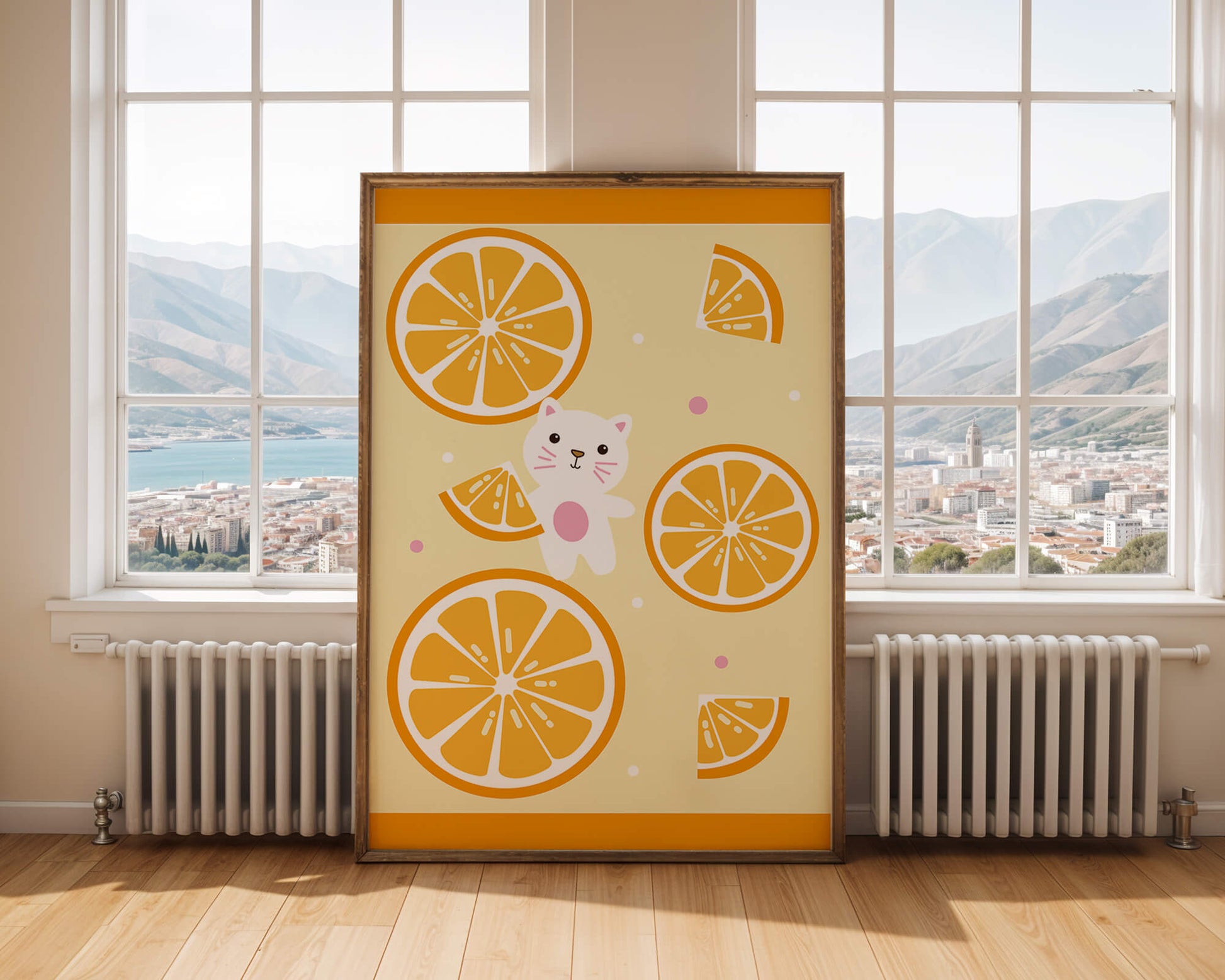 Illustration of a playful cat with orange slices on a colorful background