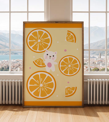 Illustration of a playful cat with orange slices on a colorful background