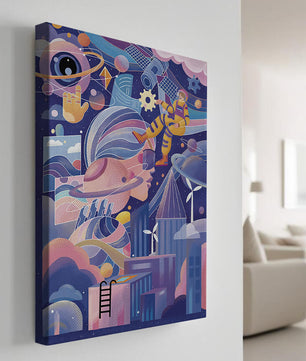 Futuristic space exploration artwork with astronaut and planets