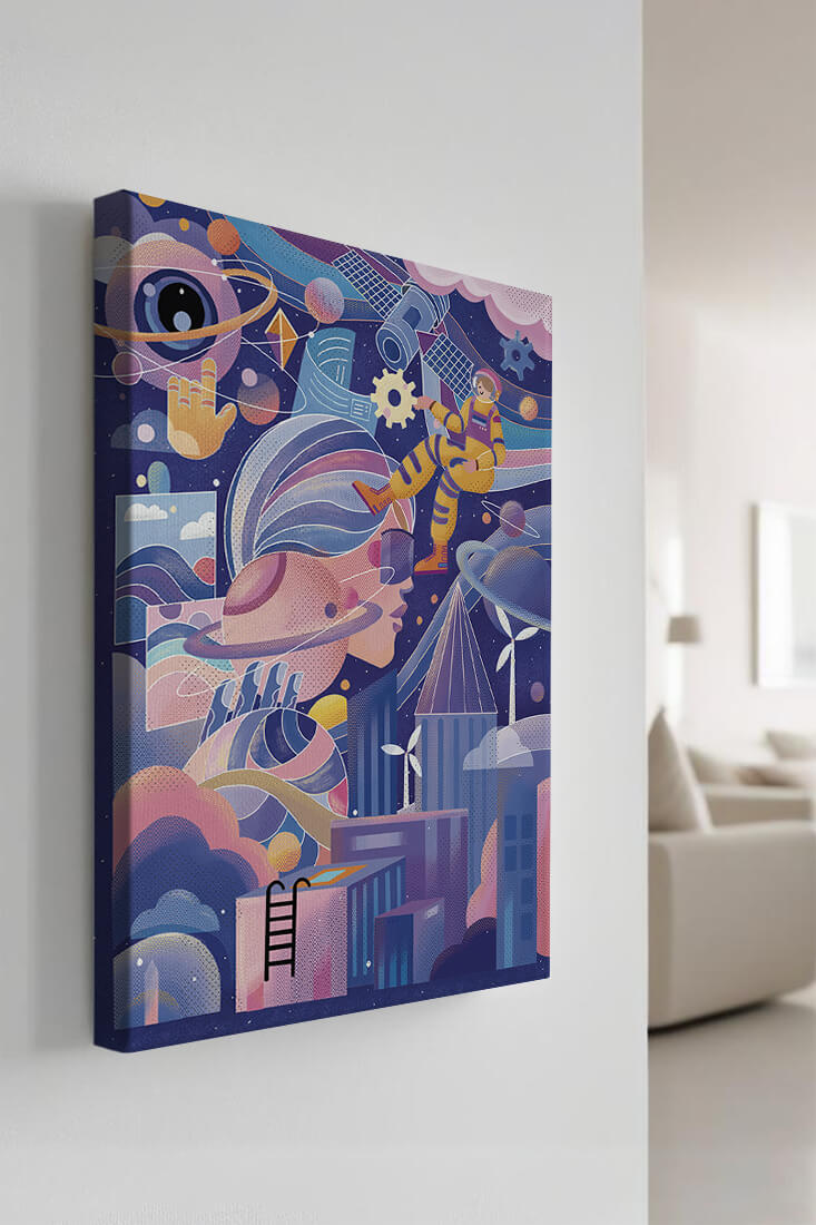 Futuristic space exploration artwork with astronaut and planets