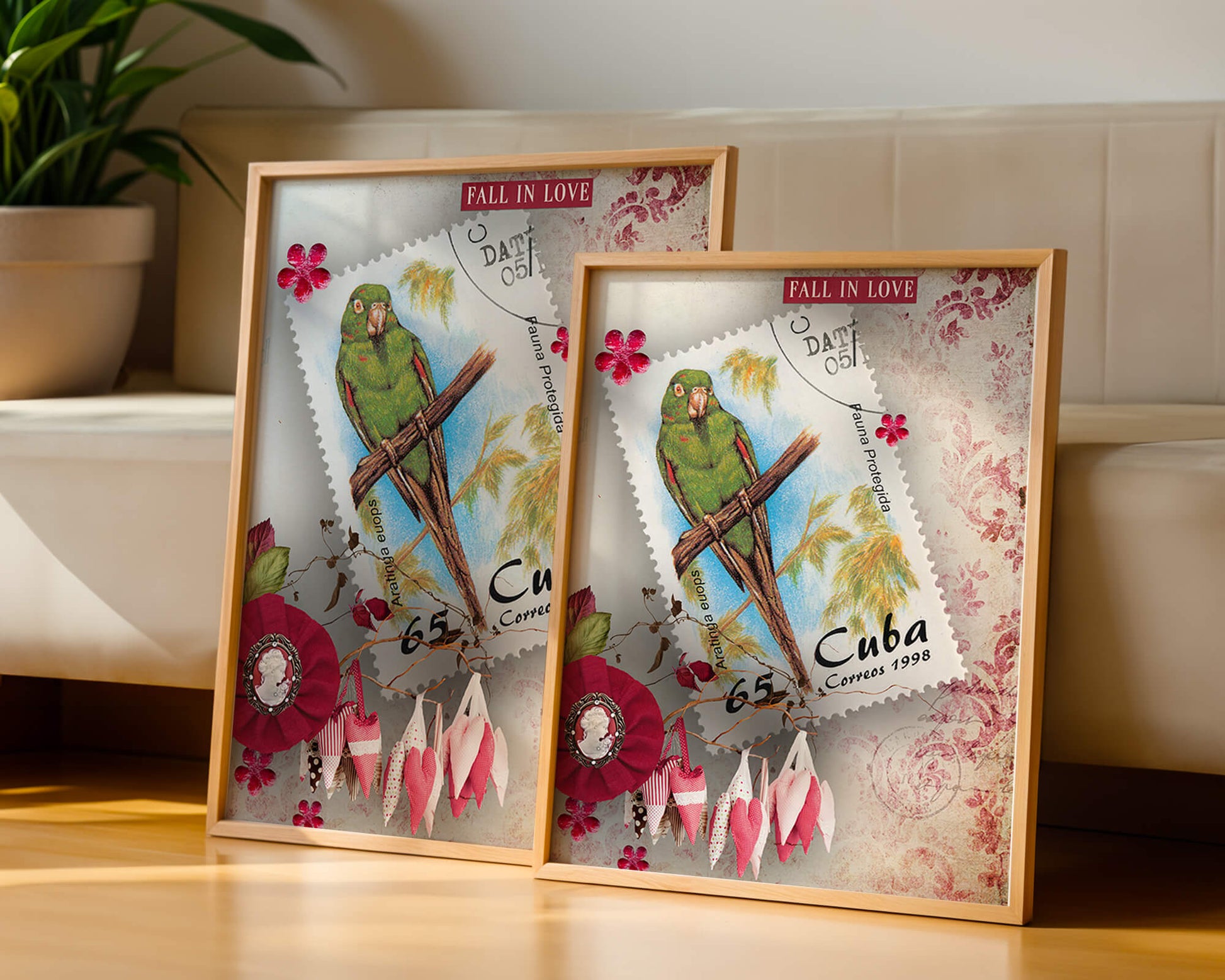 Vintage Cuban parrot stamp with romantic decorations