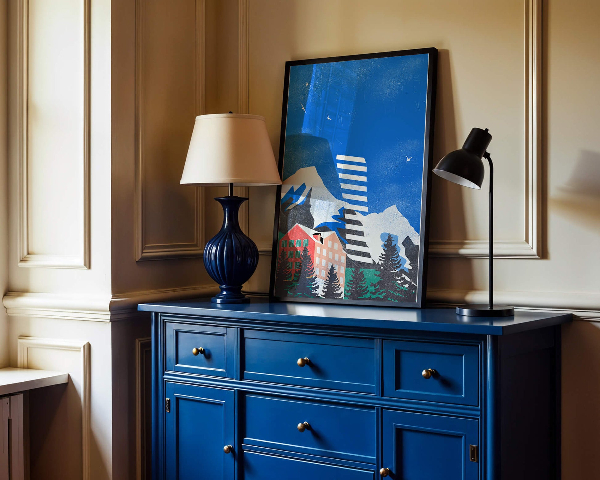 Mountain Resort in a Vibrant Landscape with Blue Sky and Birds