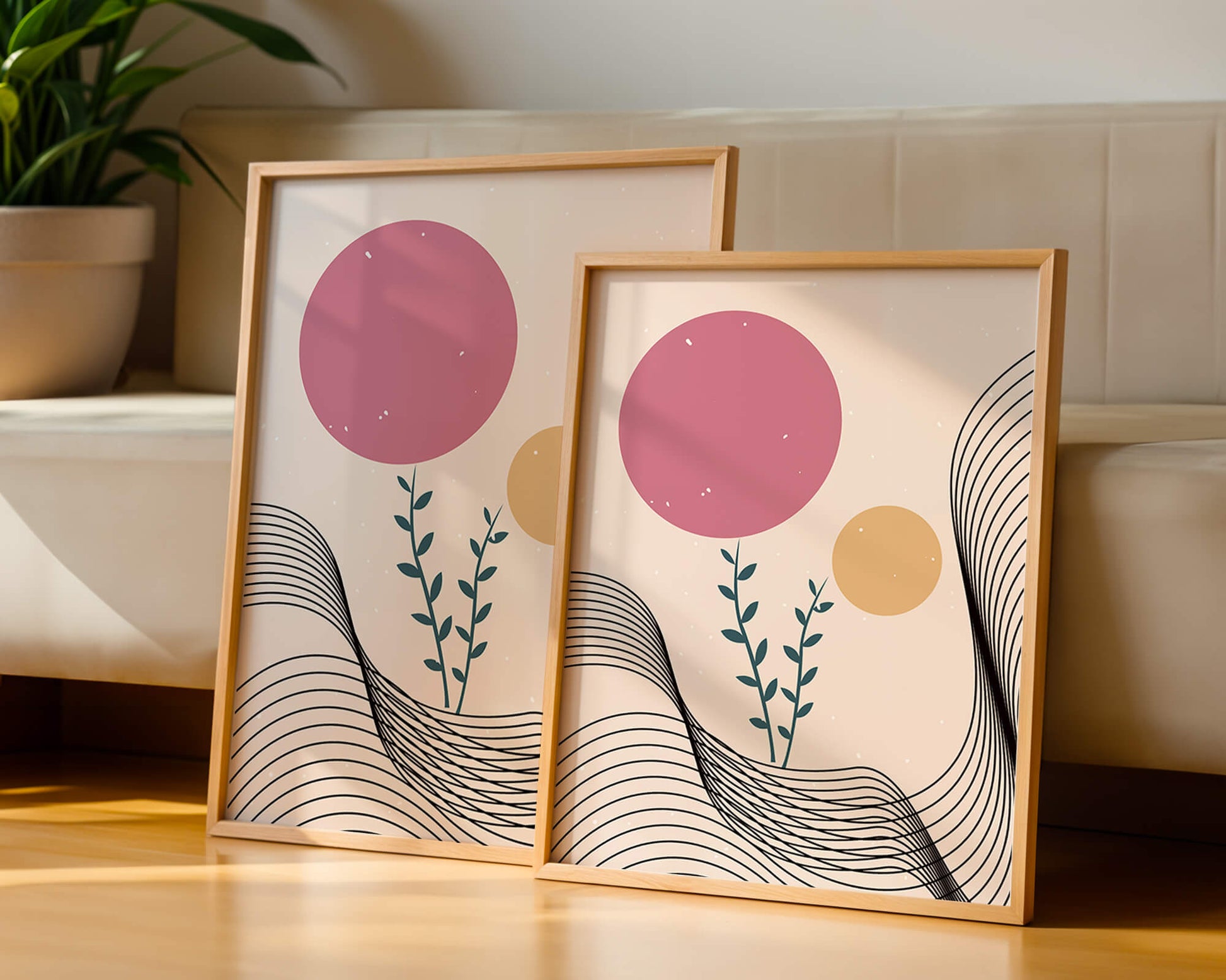 Composition florale abstraite avec des cercles roses et orange sur fond minimaliste