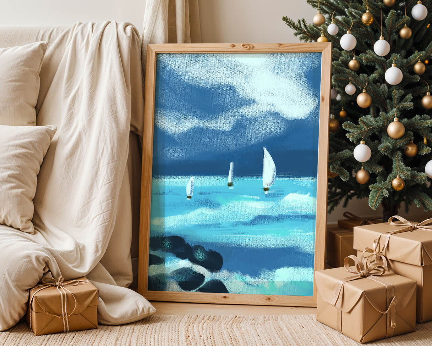 Seascape with sailboats navigating blue waves under a dramatic sky