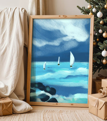 Seascape with sailboats navigating blue waves under a dramatic sky