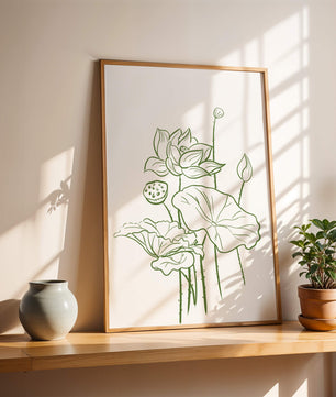 Botanische Illustration einer Lotusblume mit grüner Strichzeichnung auf weißem Hintergrund