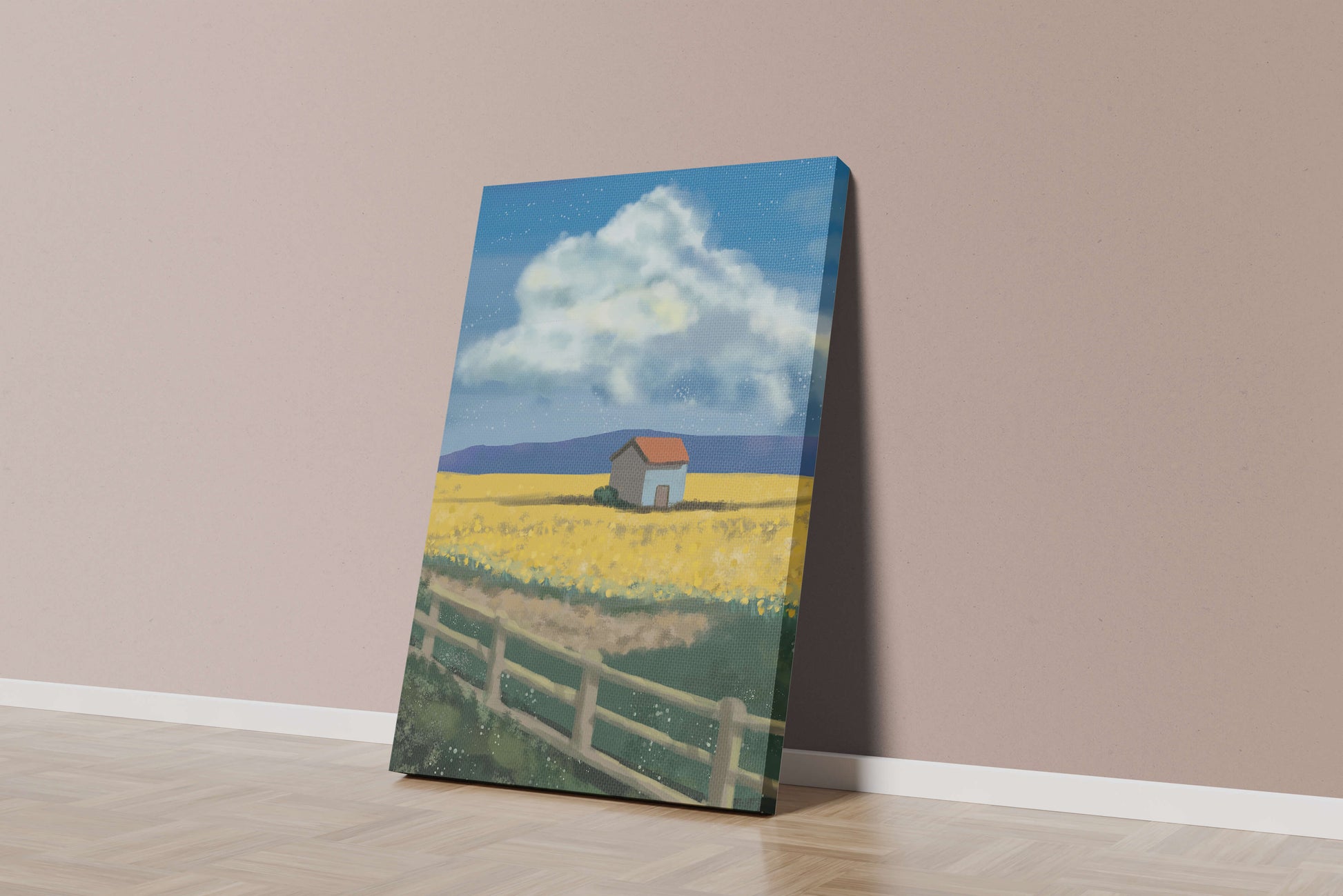 Idyllic rural scene with house and yellow field under blue sky
