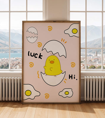 Chick hatching from an egg with cheerful expressions and fried egg motifs