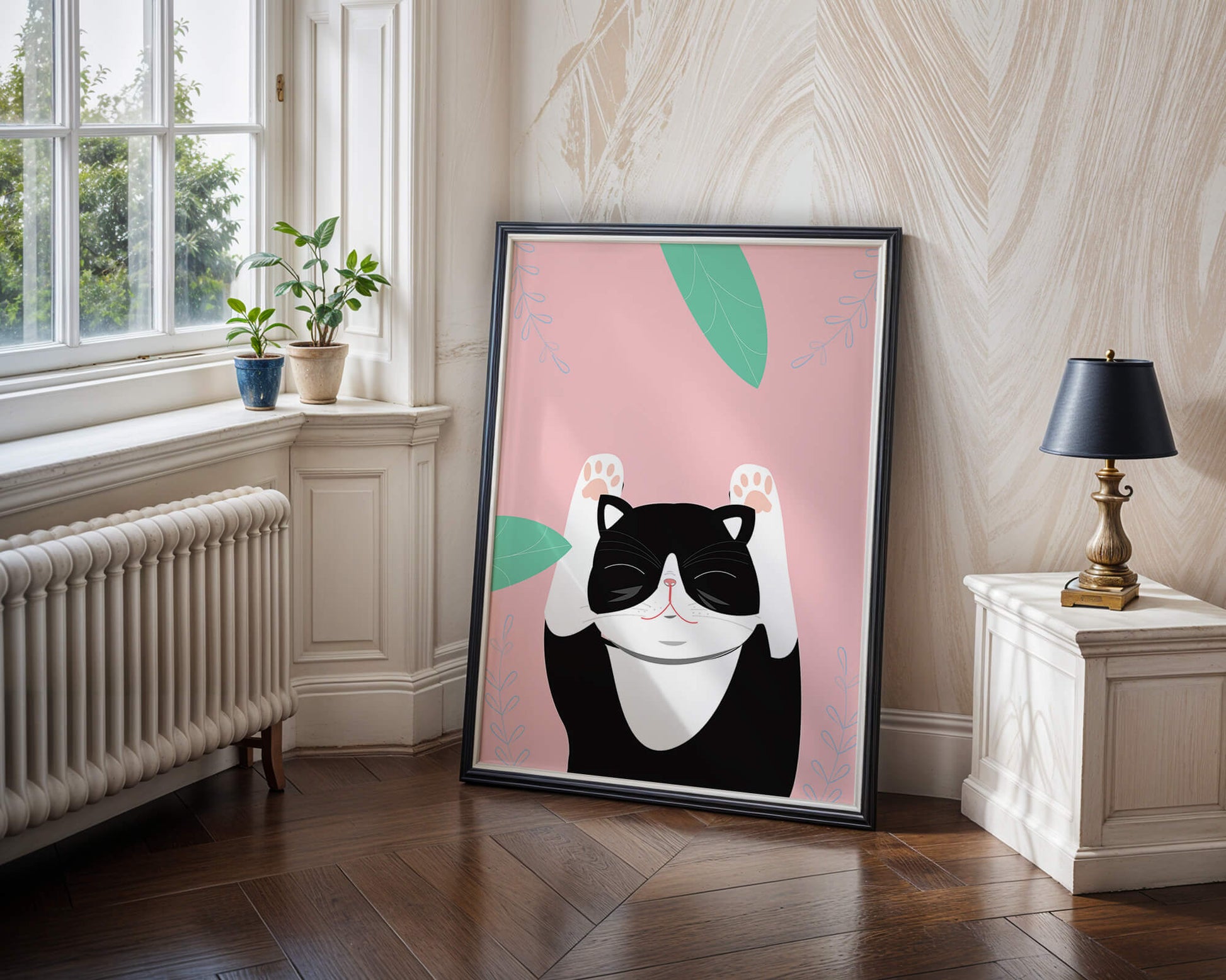 Illustrated cat on pink background with leaves