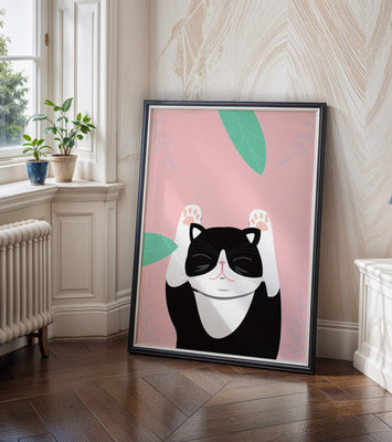 Illustrated cat on pink background with leaves