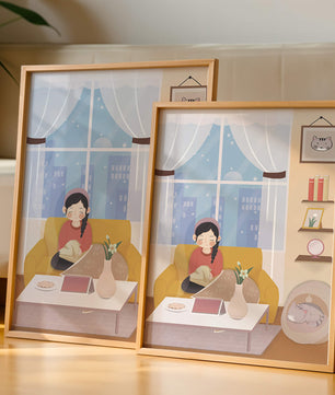 Cozy living room with a girl and a dog on a yellow sofa