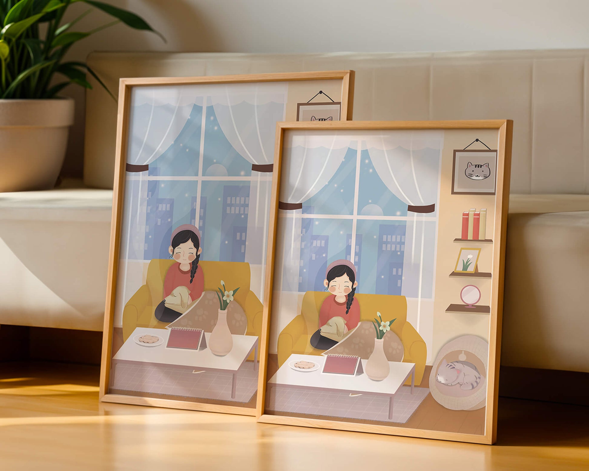 Cozy living room with a girl and a dog on a yellow sofa