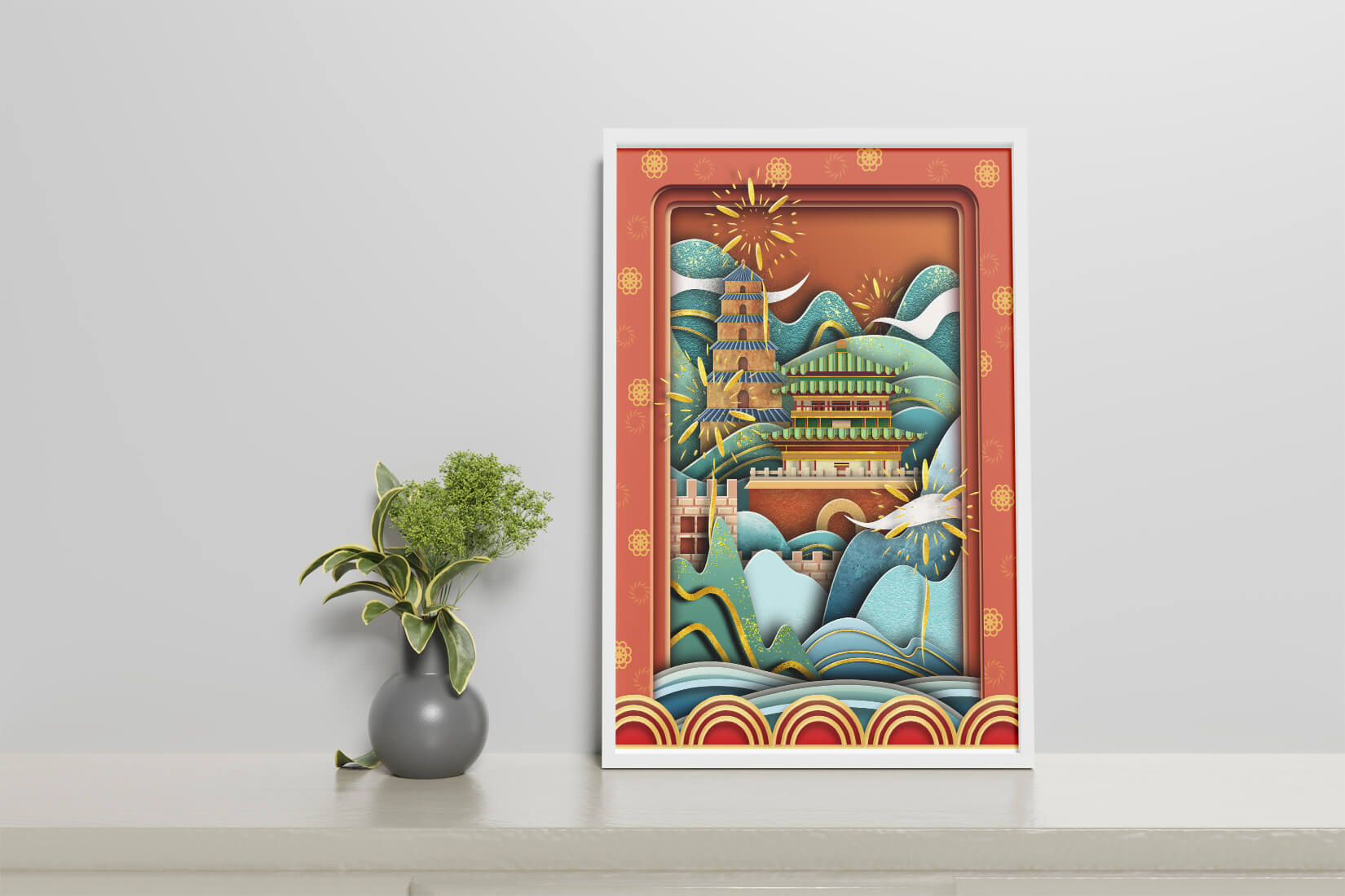 Illustrated Asian landscape with fireworks and traditional architecture