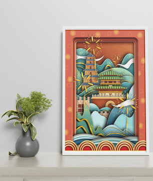 Paysage asiatique illustré avec des feux d'artifice et une architecture traditionnelle