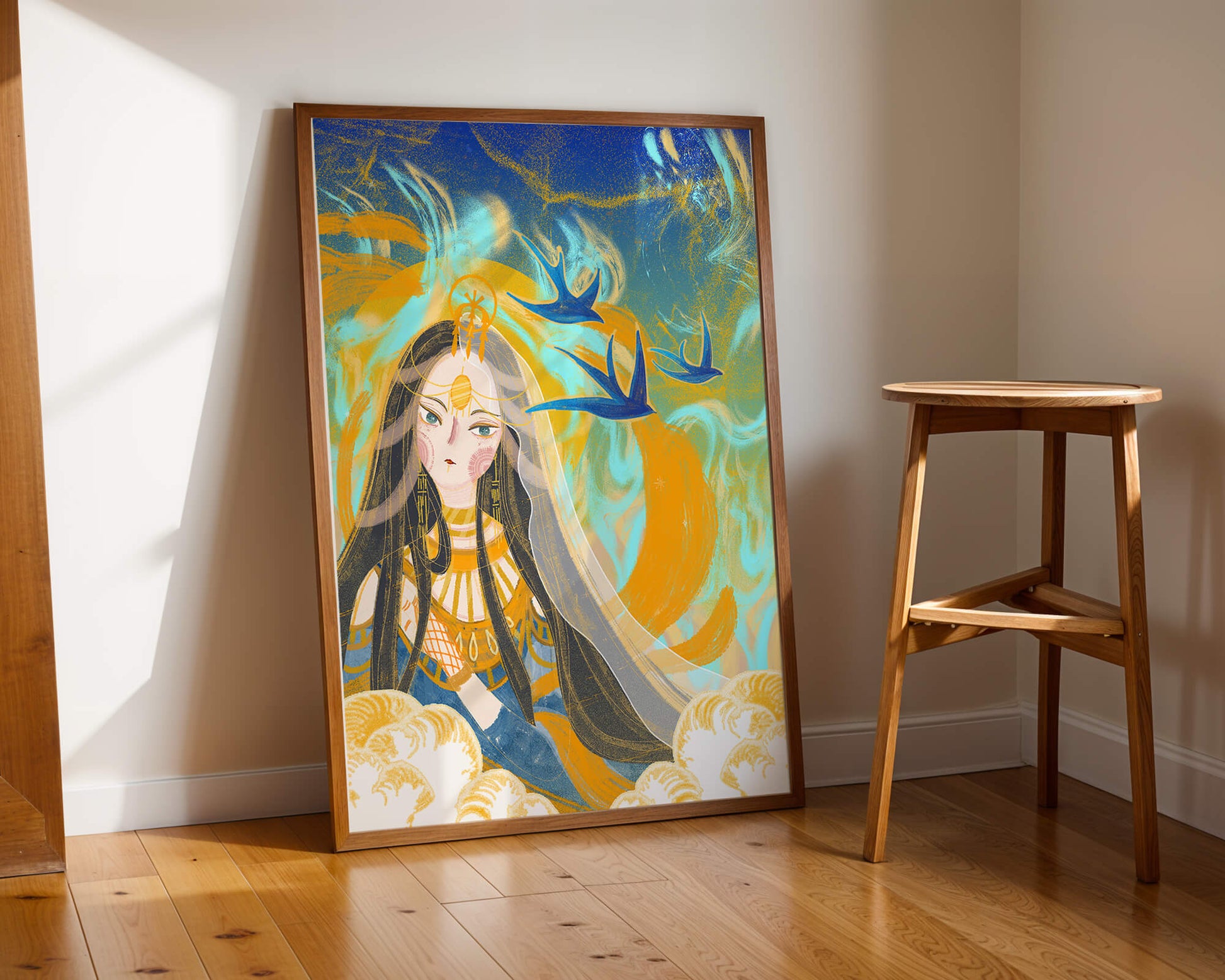 Majestic Goddess with Birds and Golden Elements in Mystical Setting