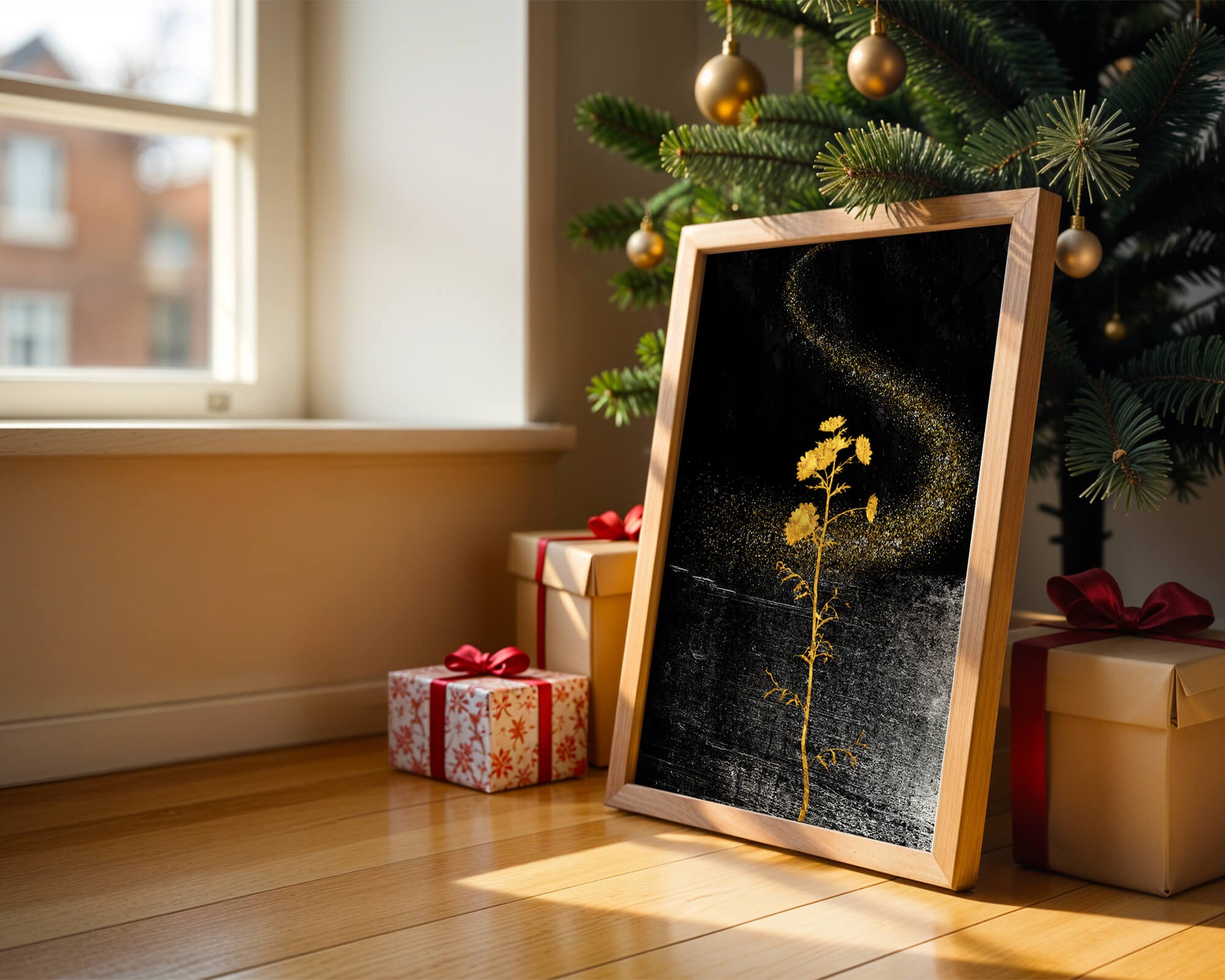 Golden Flowers on Black Background with Sparkling Dust