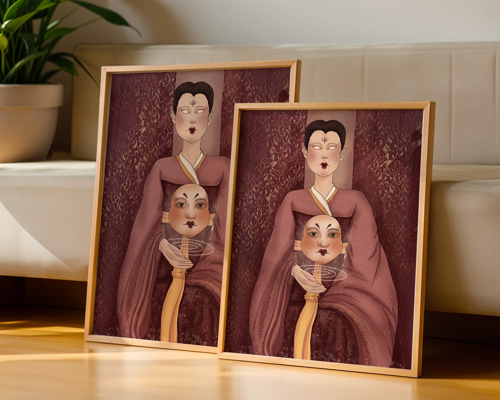Ilustración de una figura mística con máscara y fondo ornamentado