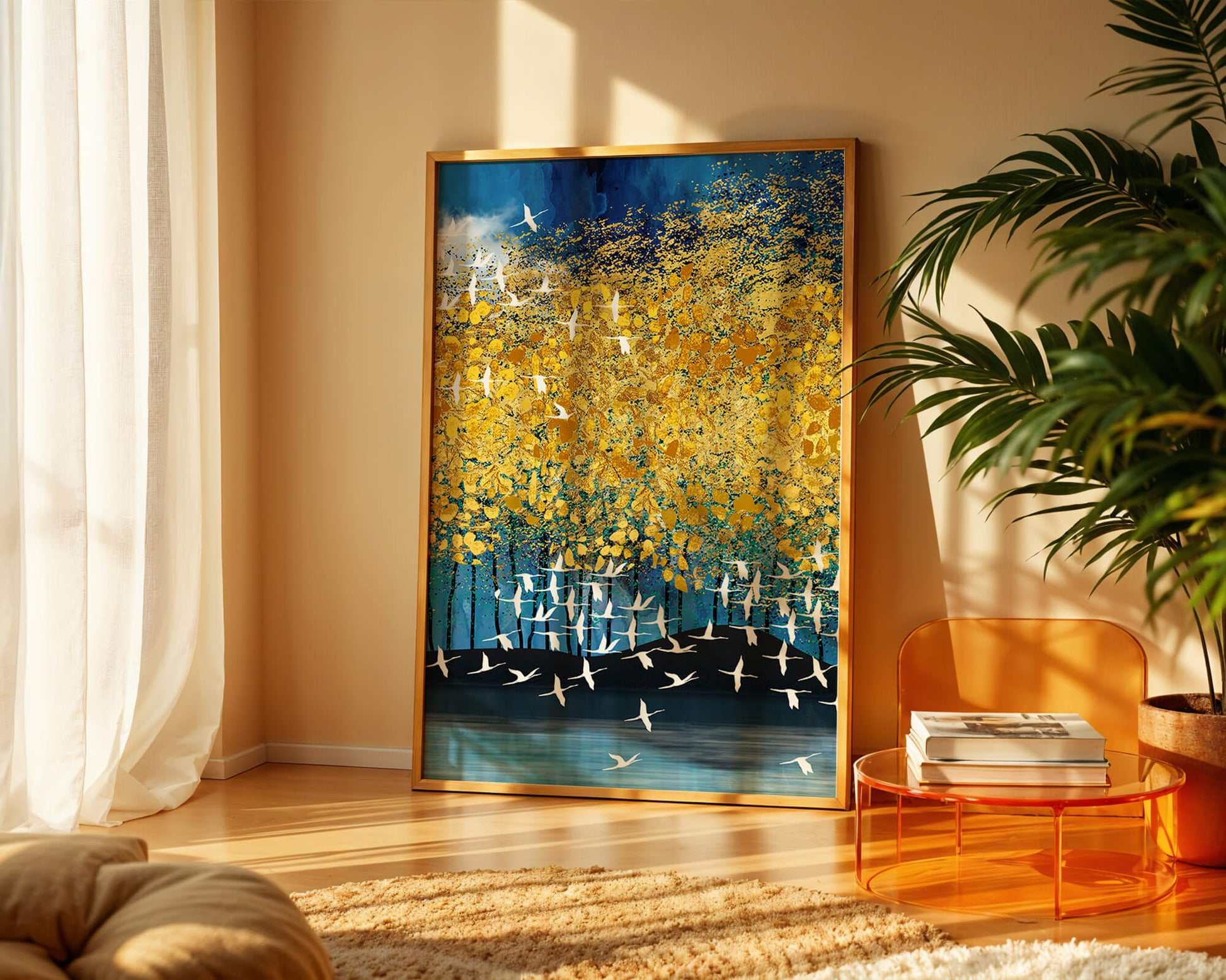 Paisaje abstracto con follaje dorado y pájaros volando