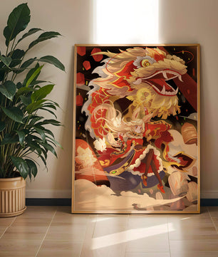 Personnage dynamique avec dragon et lanternes dans une œuvre d'art animée et vibrante