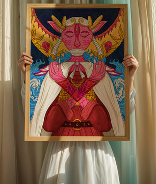 Surreal illustration of a mystical creature with golden horns and vibrant elements