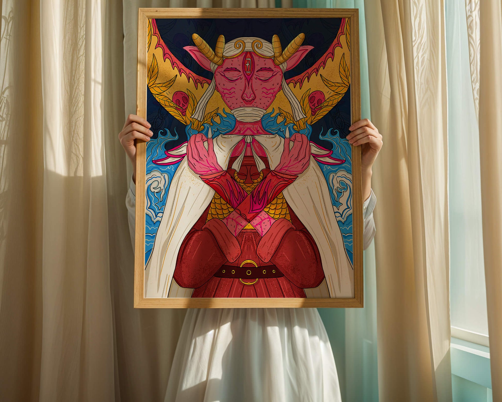 Surreal illustration of a mystical creature with golden horns and vibrant elements