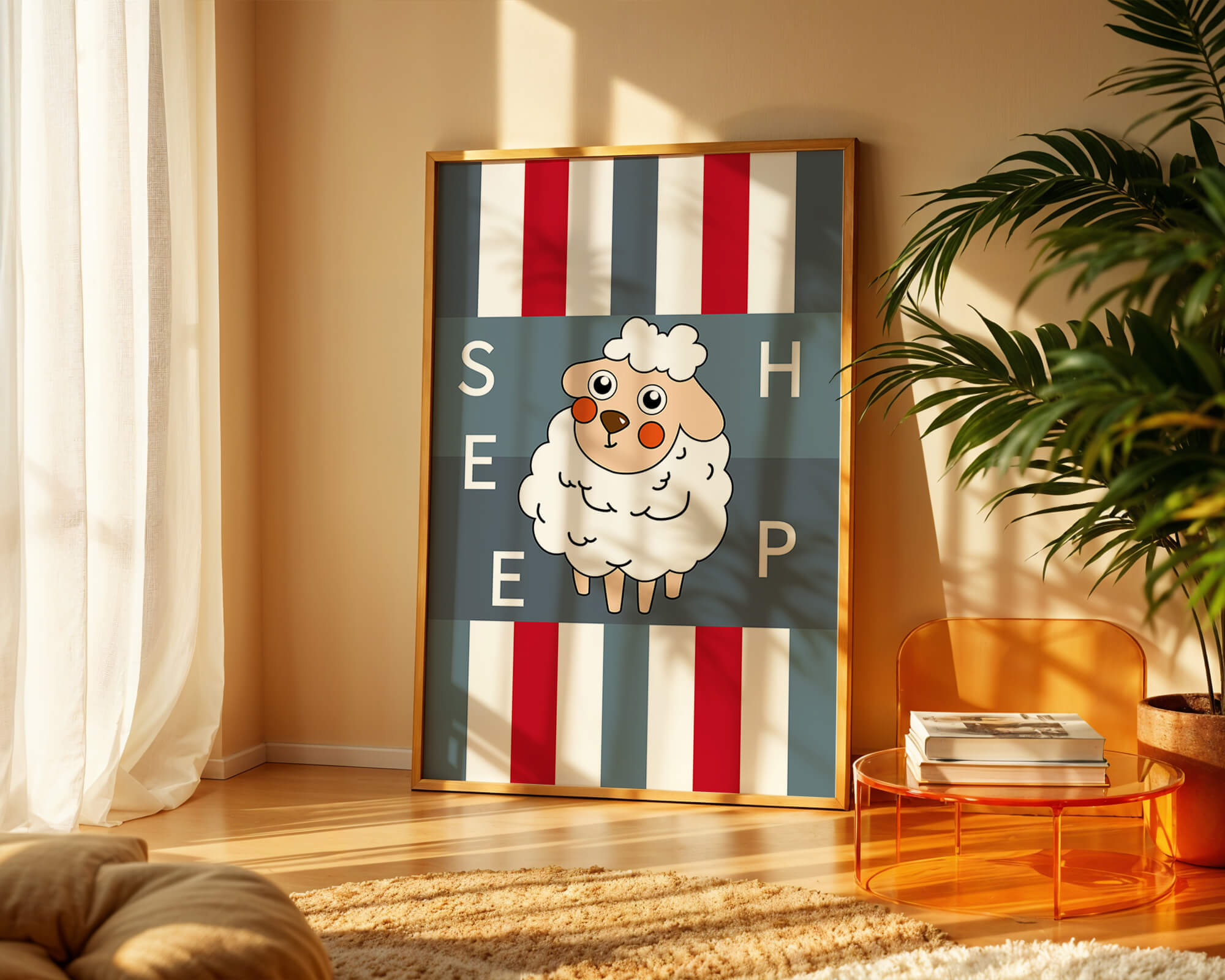 Playful sheep illustration on striped background