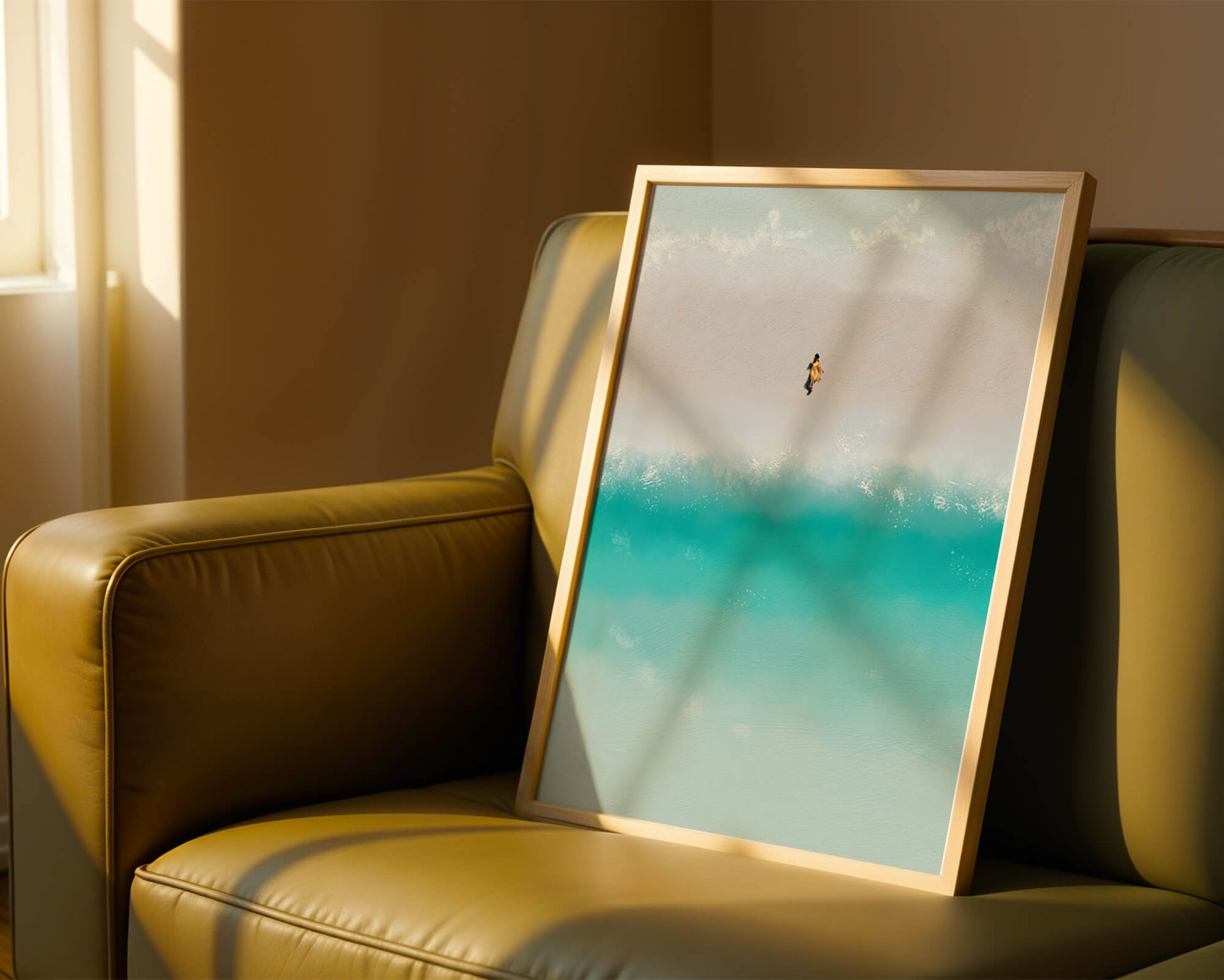 Serene beach with turquoise waves and solitary figure