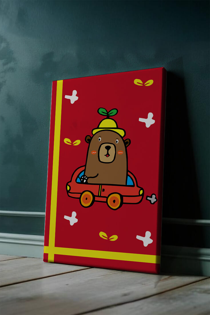 Whimsical bear driving a car on a bright red background