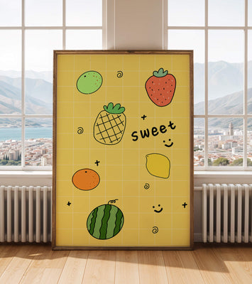 Playful fruit pattern on yellow grid background