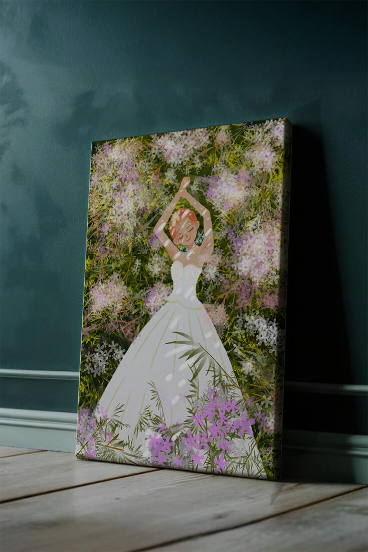 Woman in white dress lying among flowers in a garden