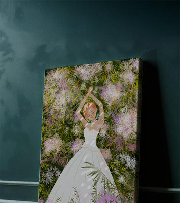 Woman in white dress lying among flowers in a garden