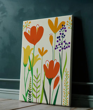 Bright Floral Illustration with Orange, Yellow, and Purple Flowers in Bold Colors