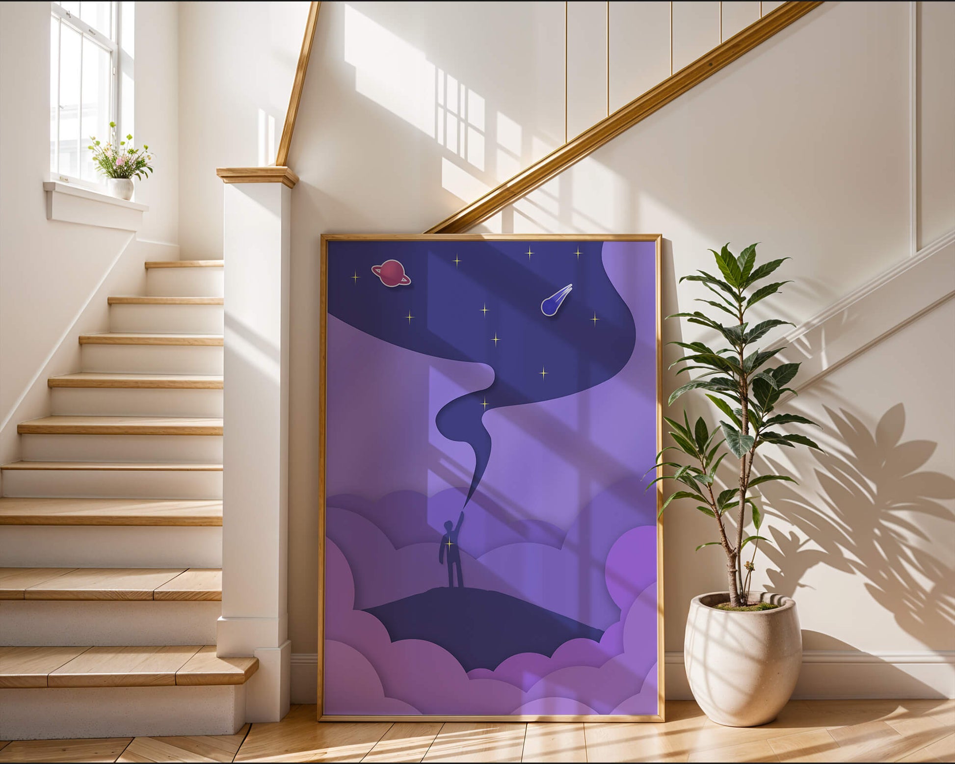 Silhouette in a cosmic landscape with stars and planets