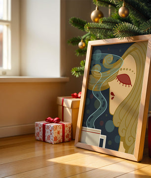 Stylized portrait of a woman with flowing hair and steaming coffee
