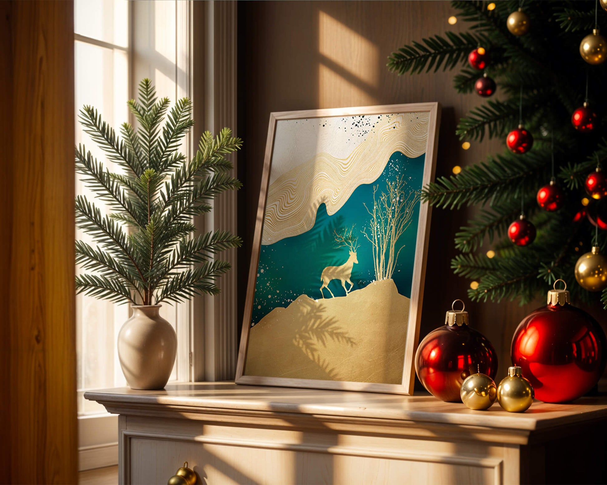 Elegante arte abstracto con ciervos dorados y temática de naturaleza.