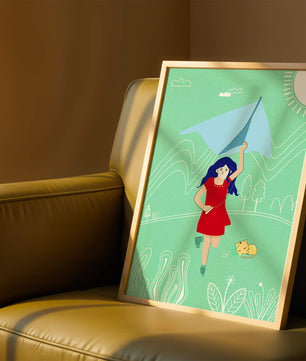 Illustration d'une fille avec un cerf-volant dans un paysage fantaisiste