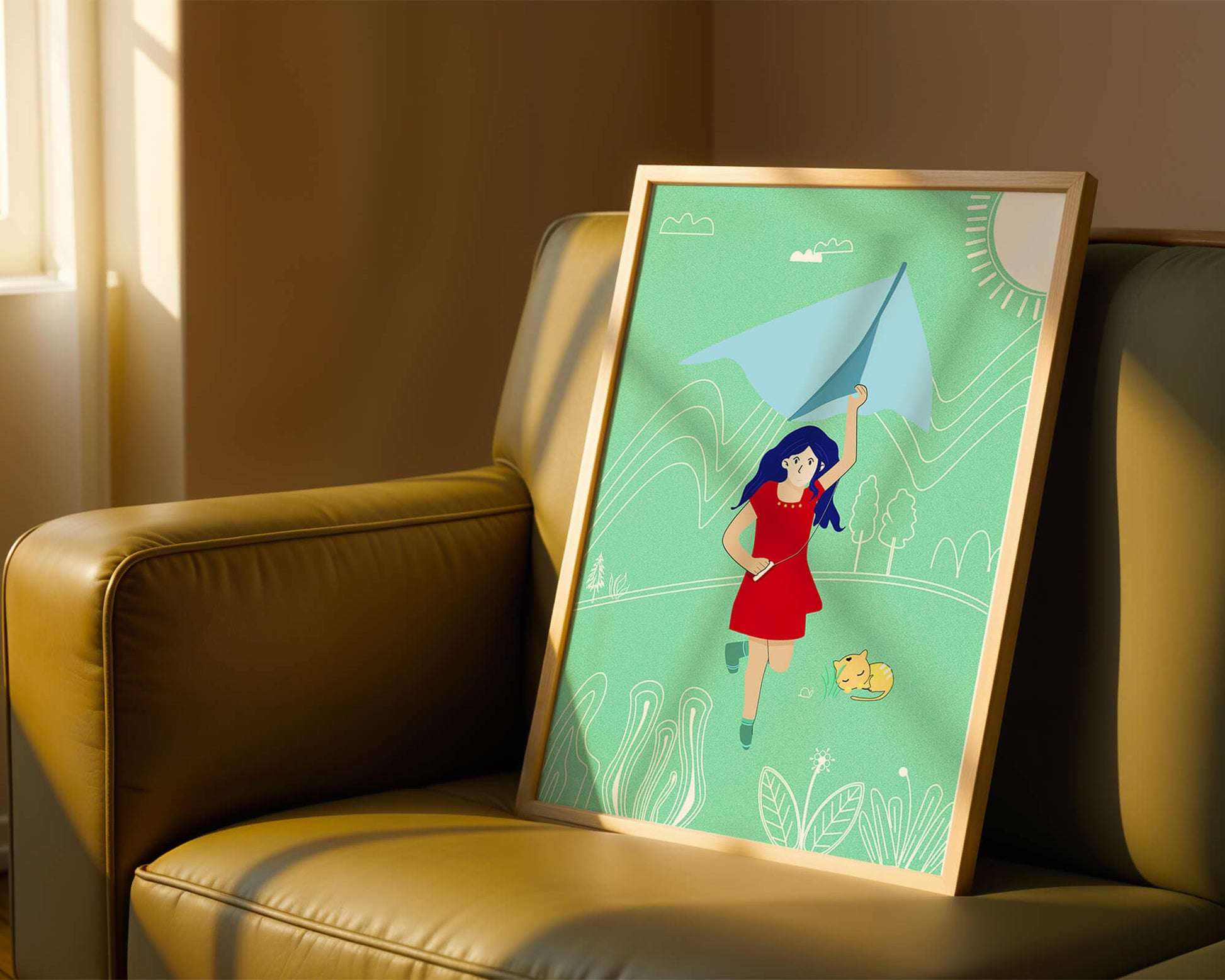 Illustration of a girl with a kite in a whimsical landscape