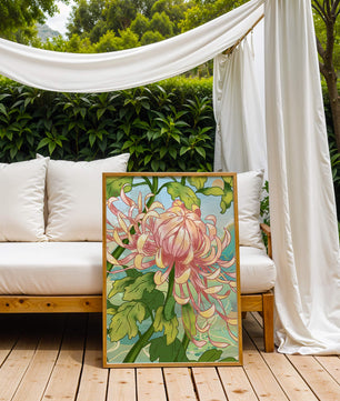 Belle illustration florale avec chrysanthème et feuilles vertes