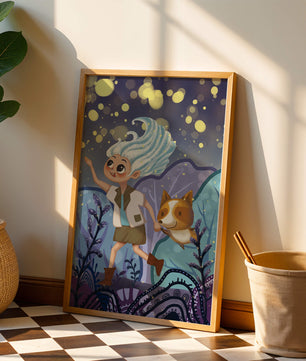Whimsical Adventure in a Magical Night Sky Landscape