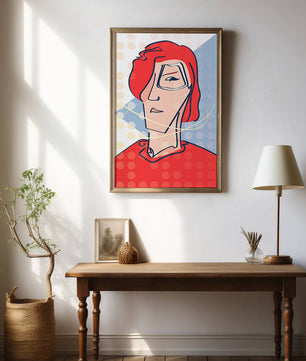 Abstract portrait with red hair and dotted background