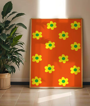 Buntes Blumenmuster mit gelben Blumen auf orangefarbenem Hintergrund