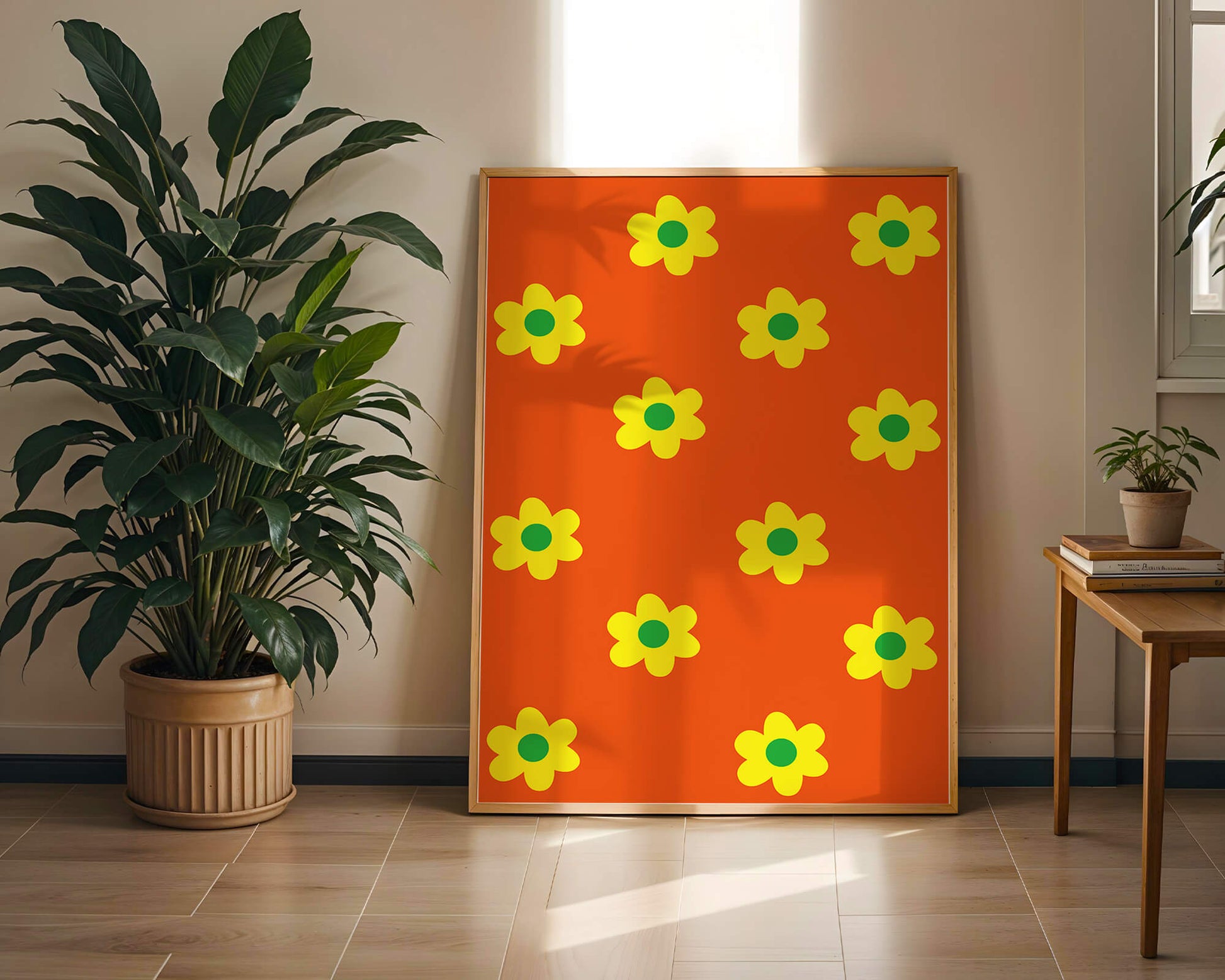 Colorful floral pattern with yellow flowers on orange background