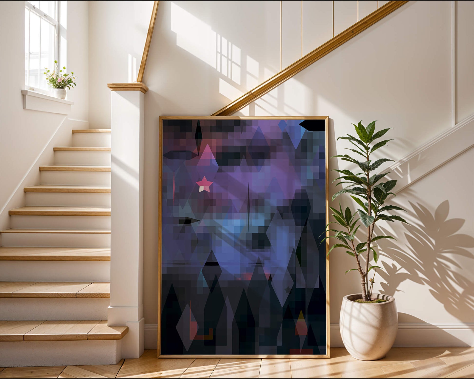 Geometrische abstrakte Kunst in lebhaften Blau- und Lilatönen