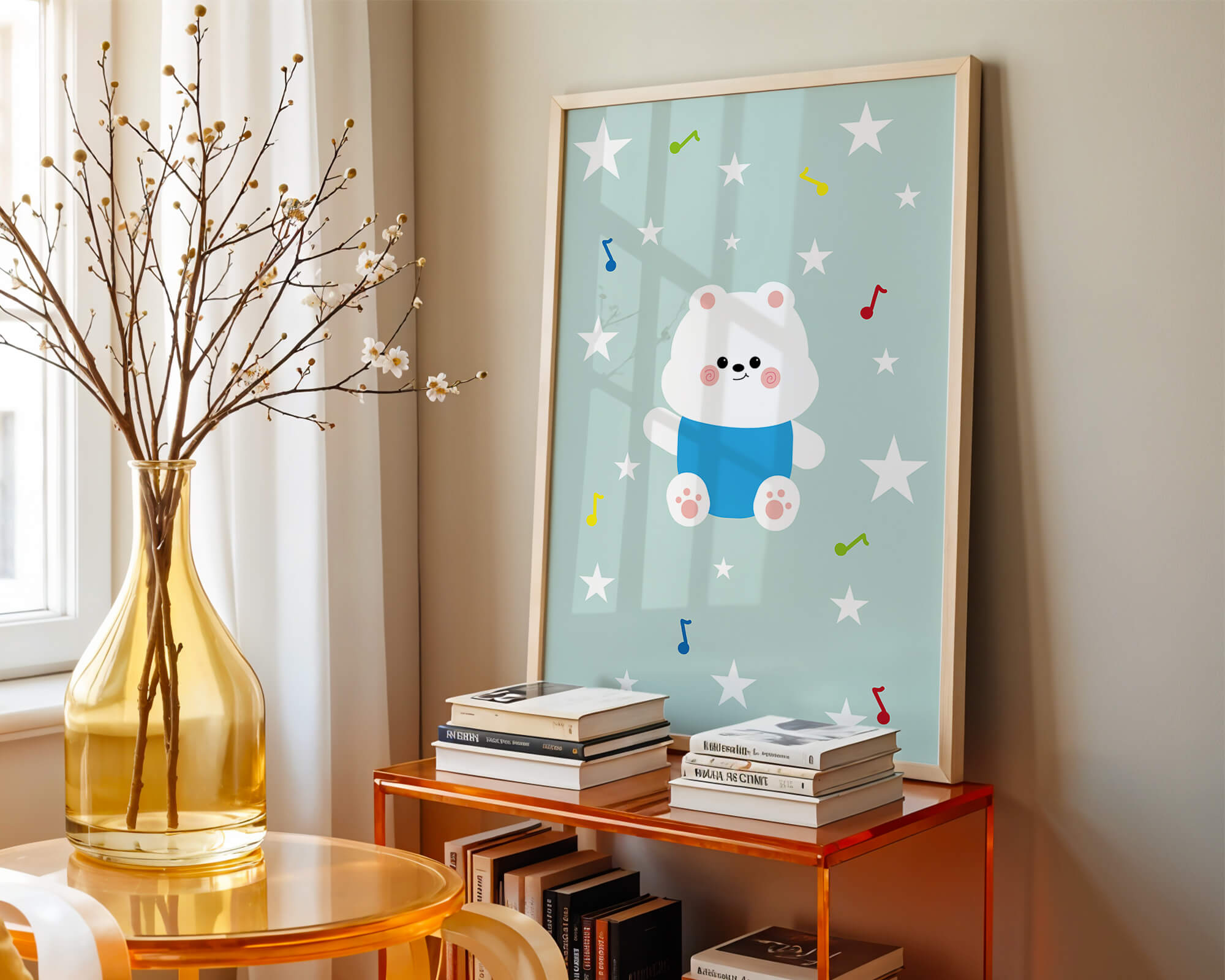 Playful bear illustration with musical notes and stars