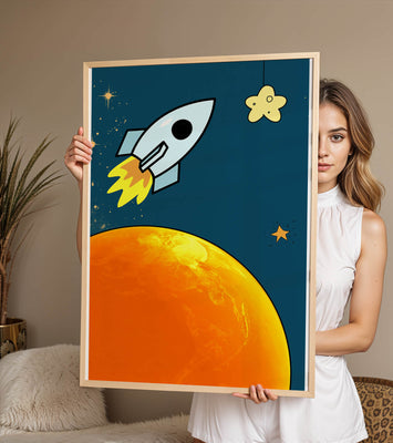 Cartoon Rocket in Space with Yellow Star