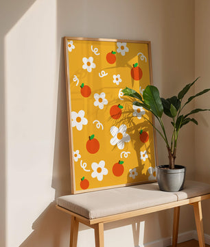 Playful floral and fruity pattern on a vibrant yellow background
