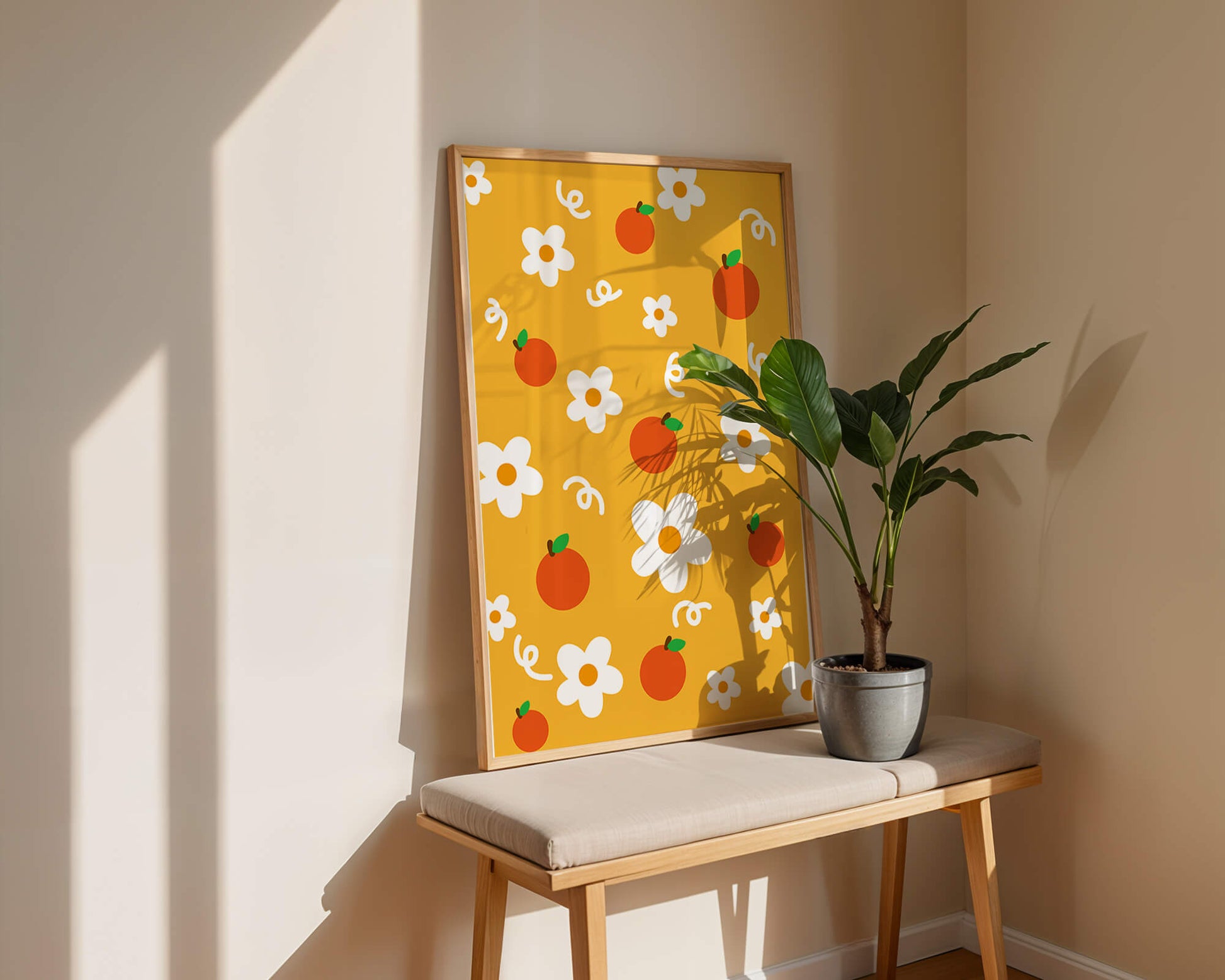 Playful floral and fruity pattern on a vibrant yellow background