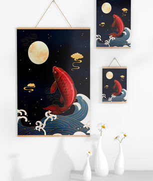 Ilustración artística de peces koi saltando sobre las olas bajo la luz de la luna