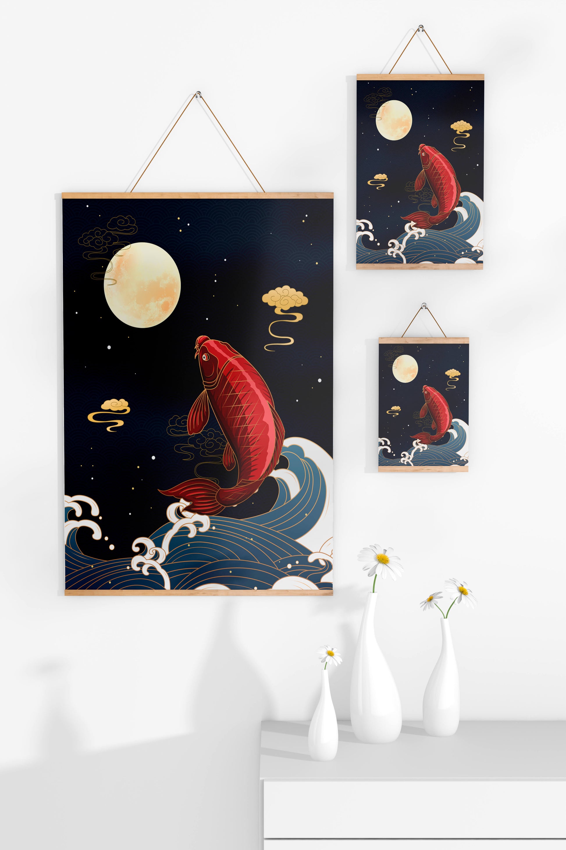 Artistic illustration of koi fish jumping over waves under moonlight