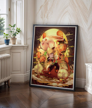 Fantasy scene with rabbit and character amid fireworks and lanterns